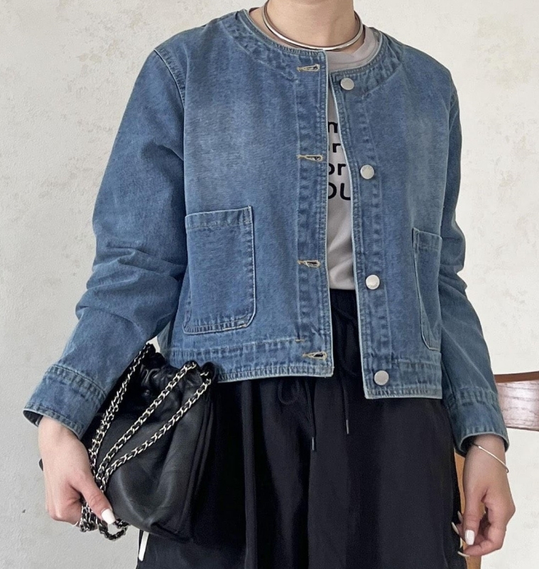 韓 圓領短版牛仔外套 size