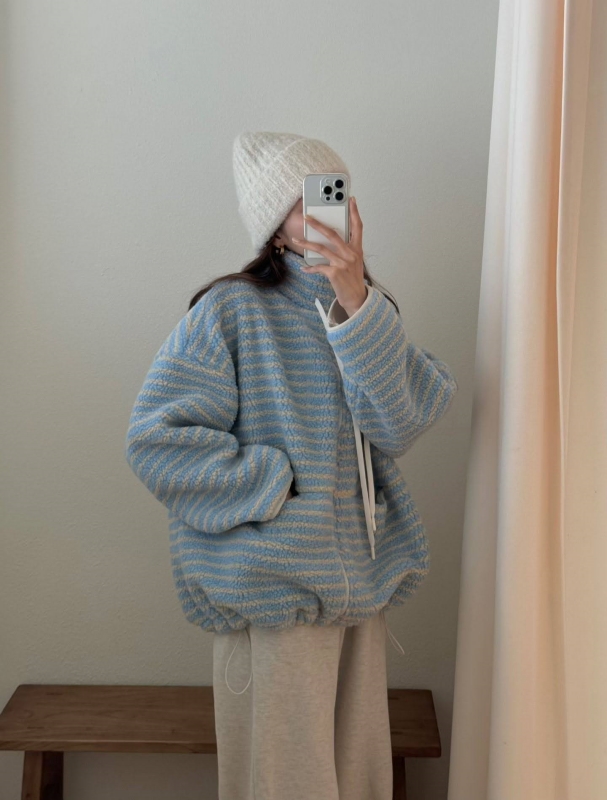 韓 條文小短毛外套 3色 size