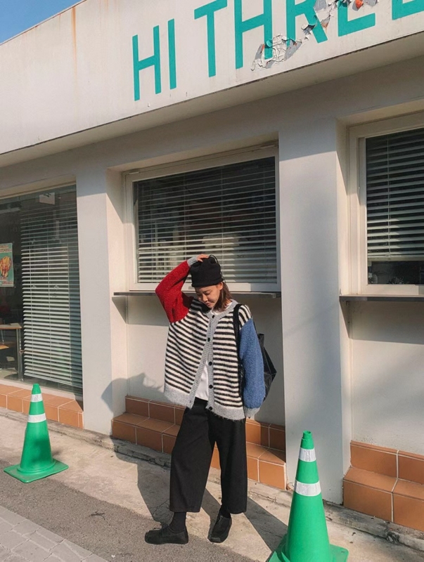 韓 配色袖條文外套 2色