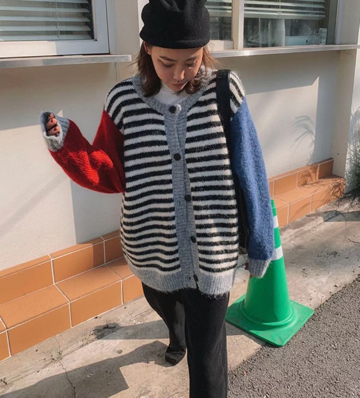 韓 配色袖條文外套 2色