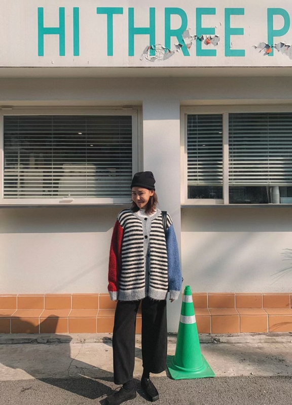 韓 配色袖條文外套 2色