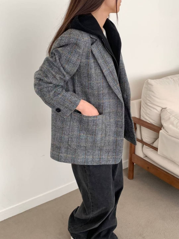 韓 格文連帽西裝外套 2色