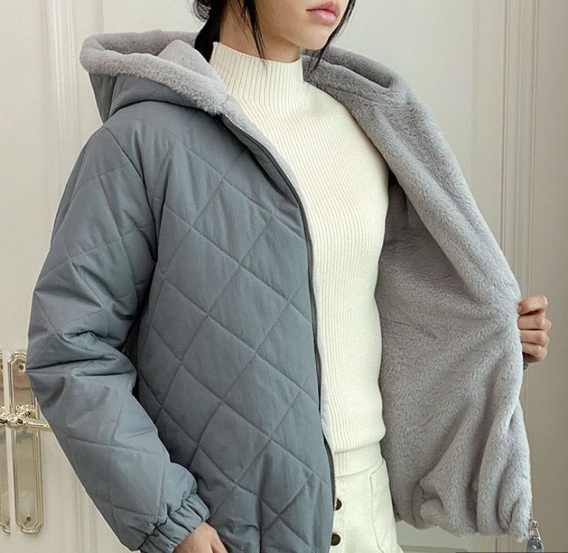 韓 內毛菱格連帽外套 2色 size