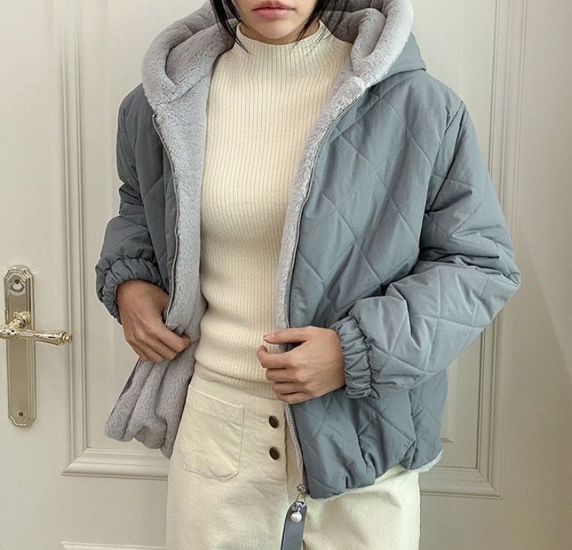 韓 內毛菱格連帽外套 2色 size