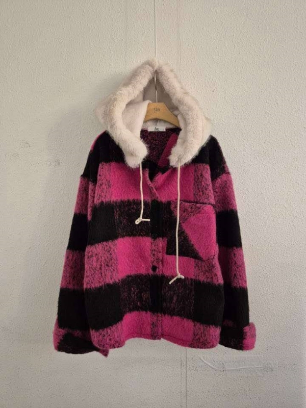 韓 毛毛帽格文襯衫外套 2色 size