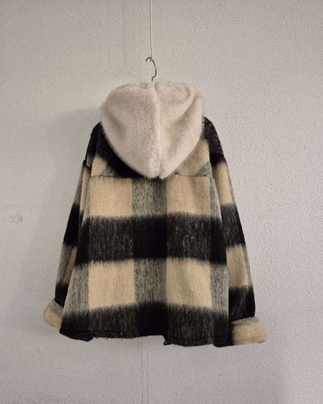 韓 毛毛帽格文襯衫外套 2色 size