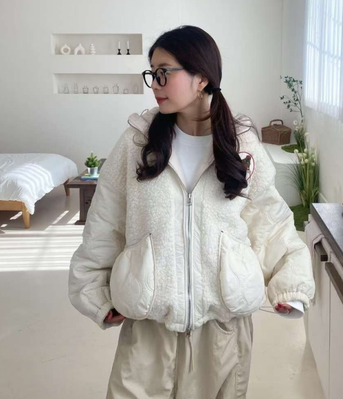 韓 拼接毛毛連帽外套 2色