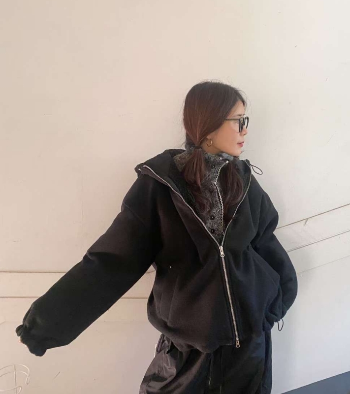 韓 拼接毛毛連帽外套 2色