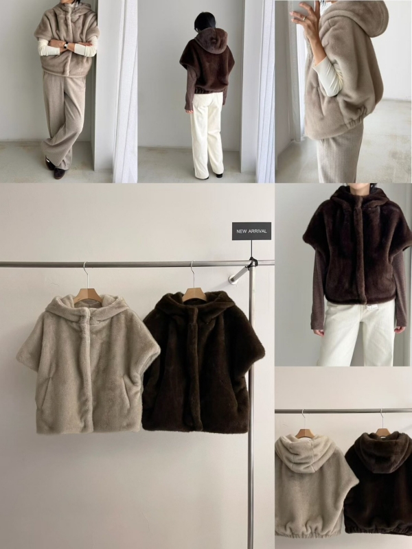 韓 連帽毛毛短袖外套 2色 size