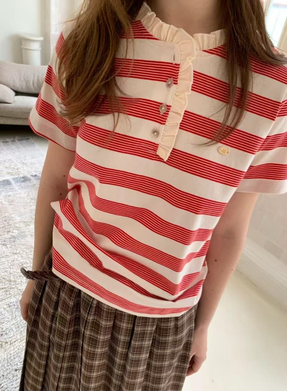 韓 小荷葉領條紋上衣 4色 size