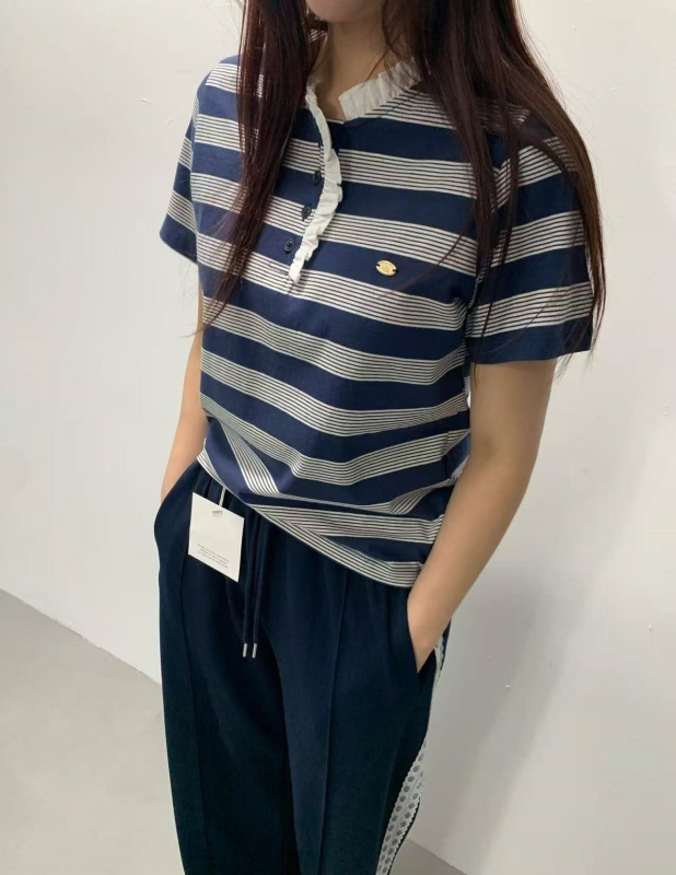 韓 小荷葉領條紋上衣 4色 size