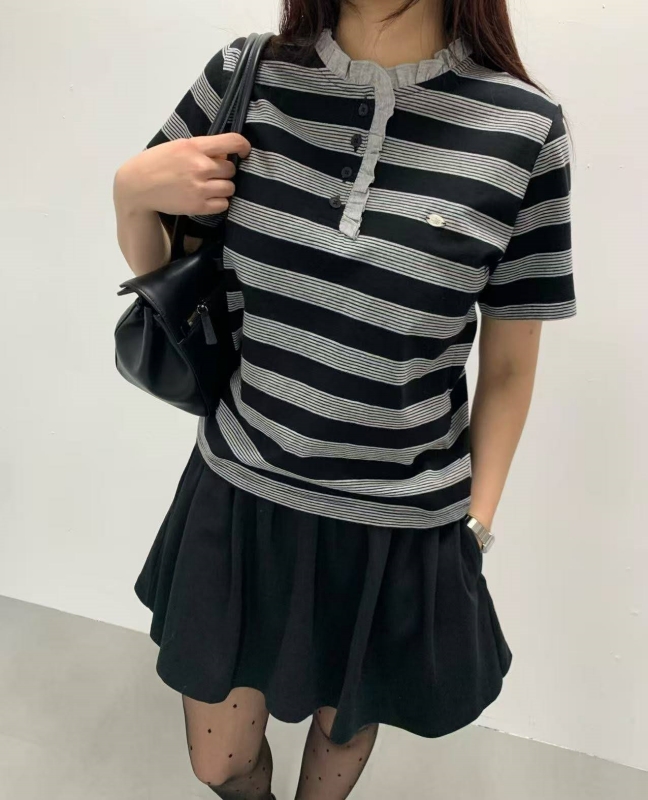 韓 小荷葉領條紋上衣 4色 size