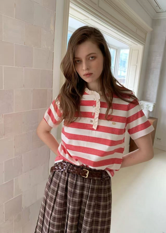 韓 小荷葉領條紋上衣 4色 size