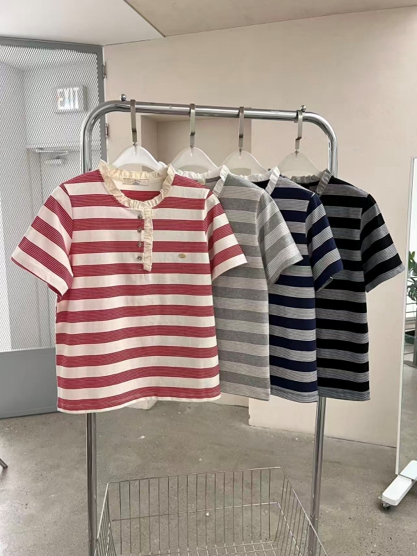 韓 小荷葉領條紋上衣 4色 size