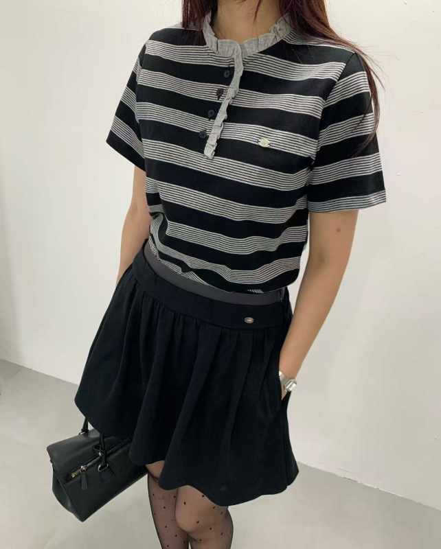 韓 小荷葉領條紋上衣 4色 size