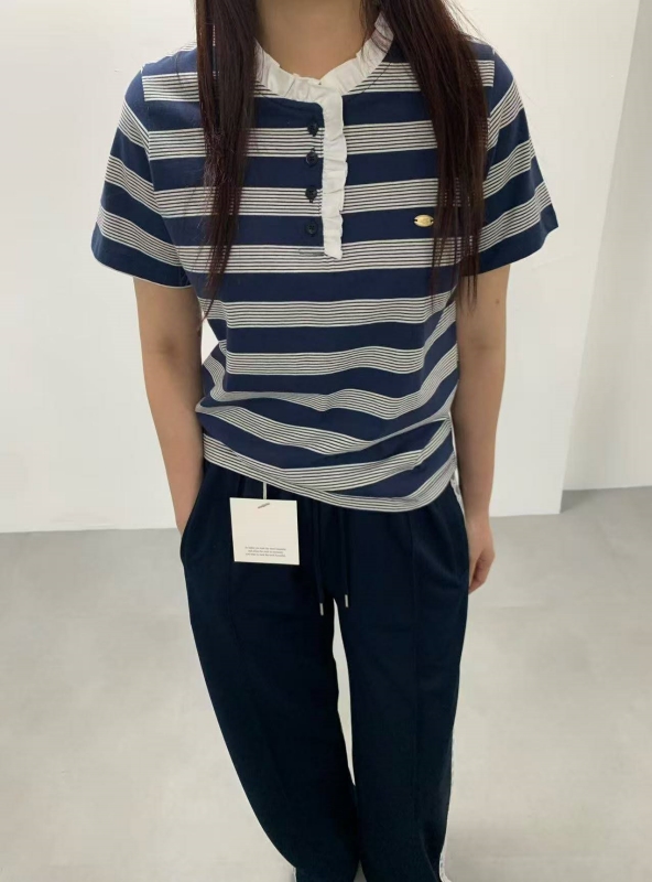 韓 小荷葉領條紋上衣 4色 size