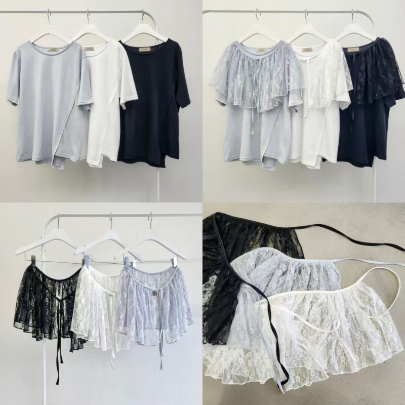 韓 素色上衣+蕾絲披肩 3色  size