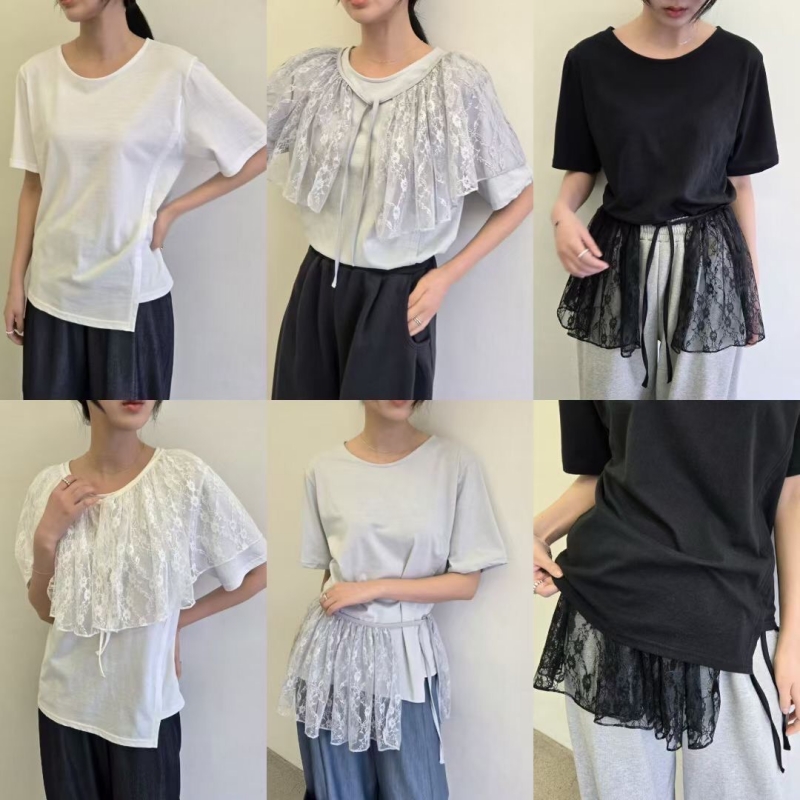 韓 素色上衣+蕾絲披肩 3色  size