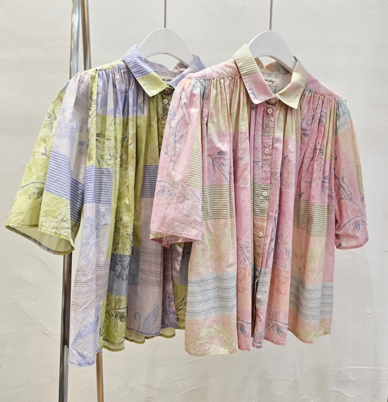 韓 印花拚細條襯衫 2色