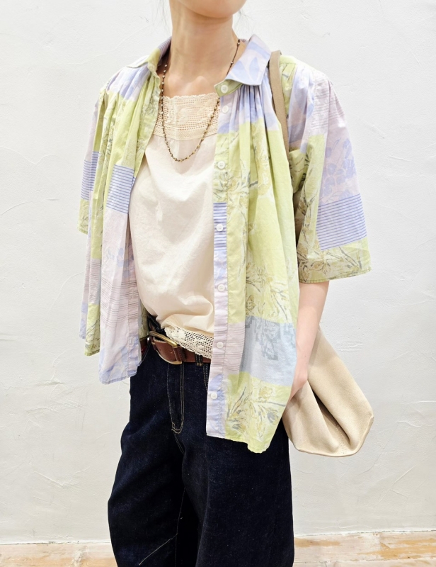 韓 印花拚細條襯衫 2色