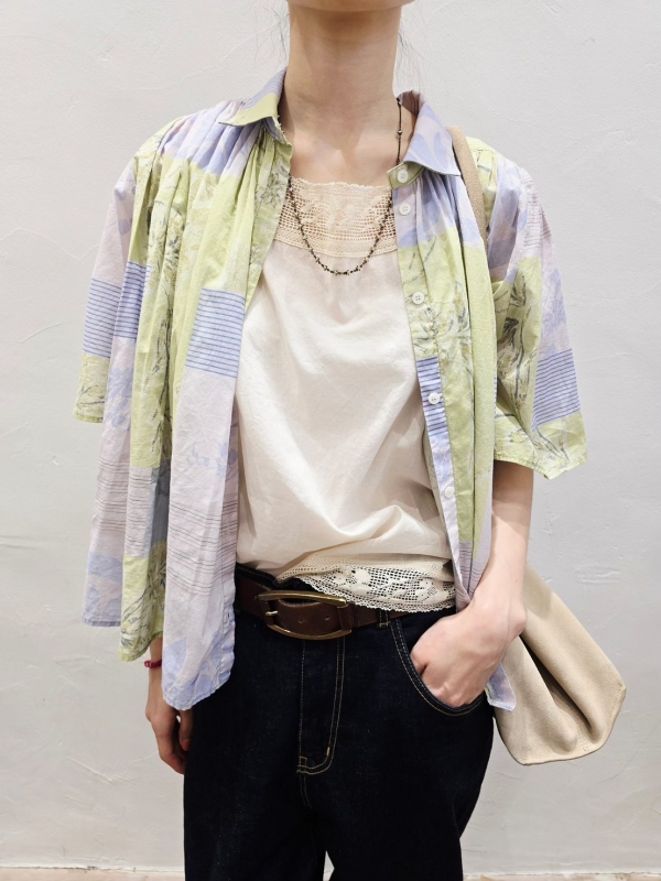 韓 印花拚細條襯衫 2色