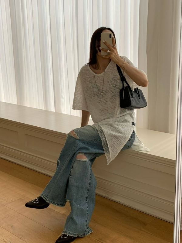 韓 斜邊蕾絲上衣 4色