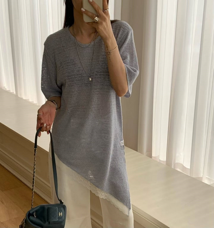 韓 斜邊蕾絲上衣 4色