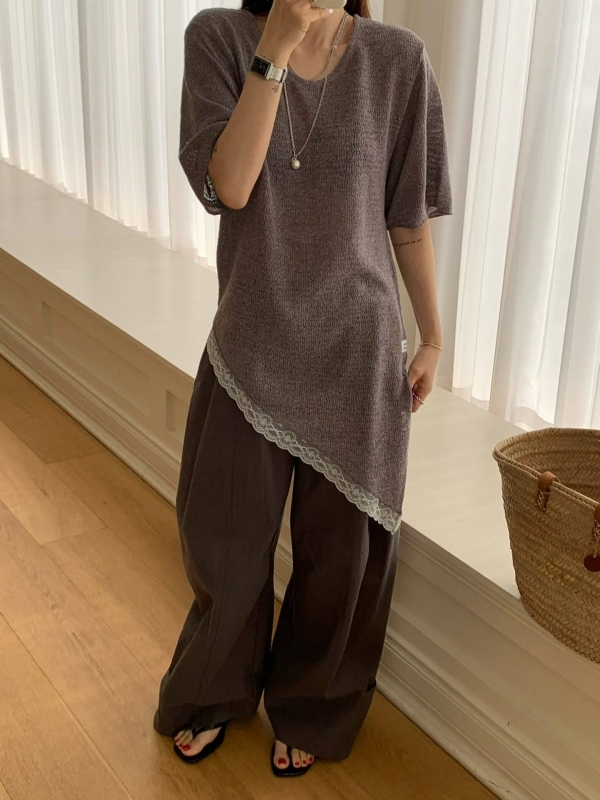 韓 斜邊蕾絲上衣 4色