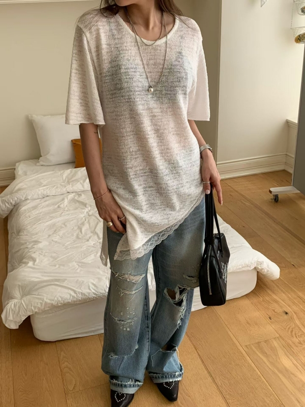 韓 斜邊蕾絲上衣 4色