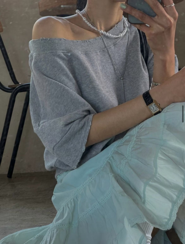 韓 斜肩素色上衣 3色