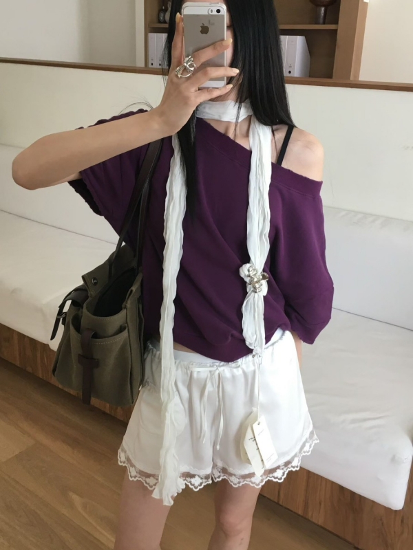 韓 斜肩素色上衣 3色