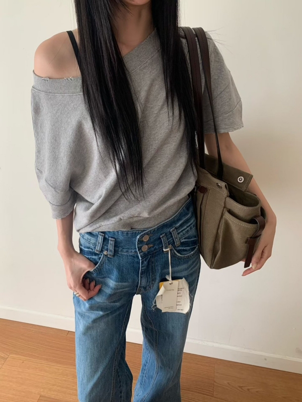 韓 斜肩素色上衣 3色