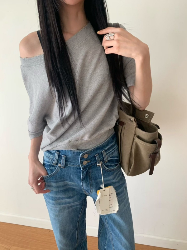 韓 斜肩素色上衣 3色