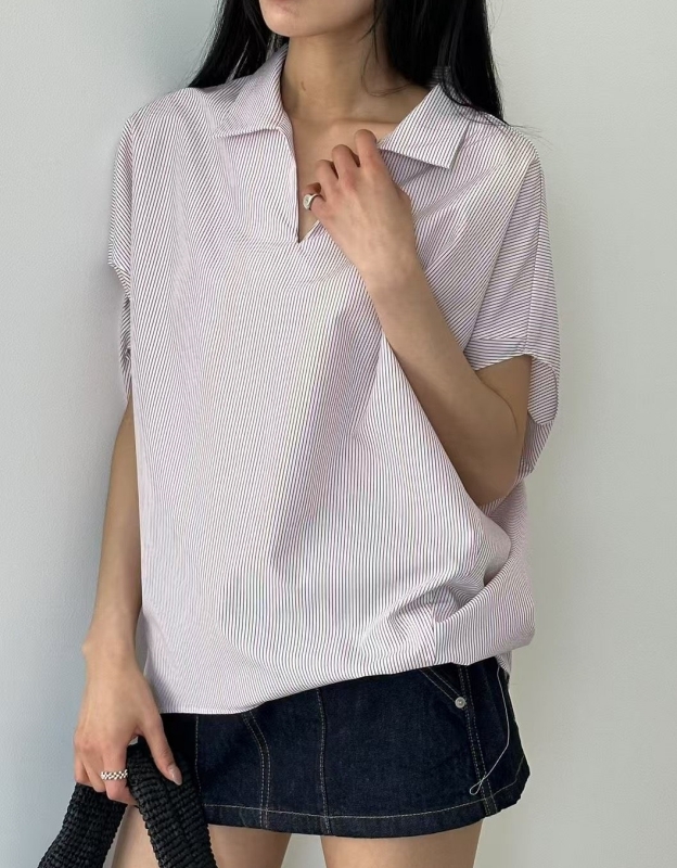 韓 有領細條V領上衣 3色 size