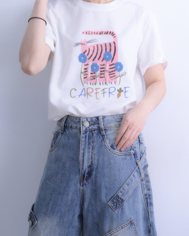 韓 條文花貓上衣 2色 size