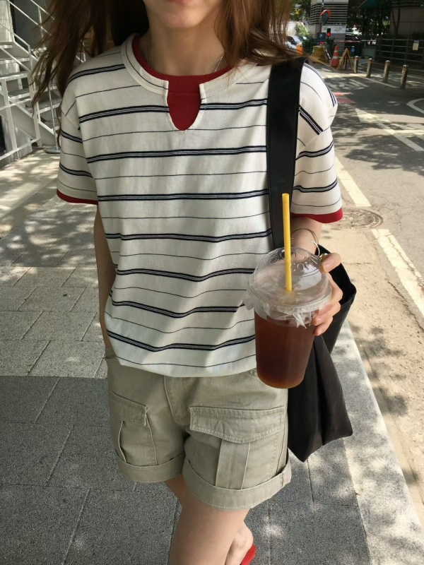 韓 下抽繩領配色條文上衣 3色