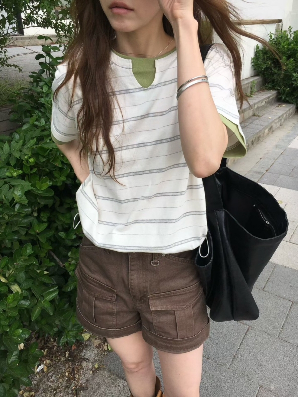韓 下抽繩領配色條文上衣 3色