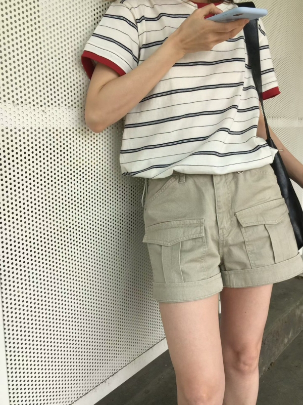 韓 下抽繩領配色條文上衣 3色