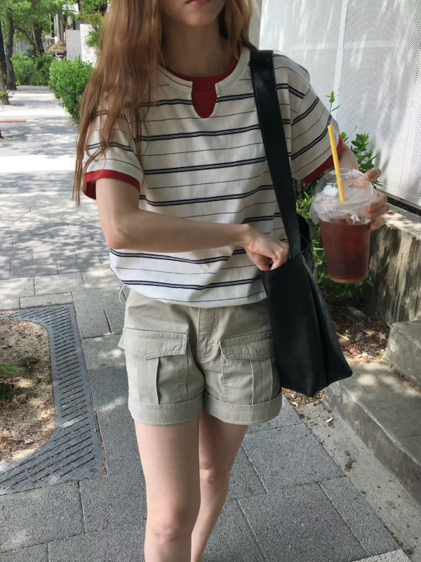 韓 下抽繩領配色條文上衣 3色