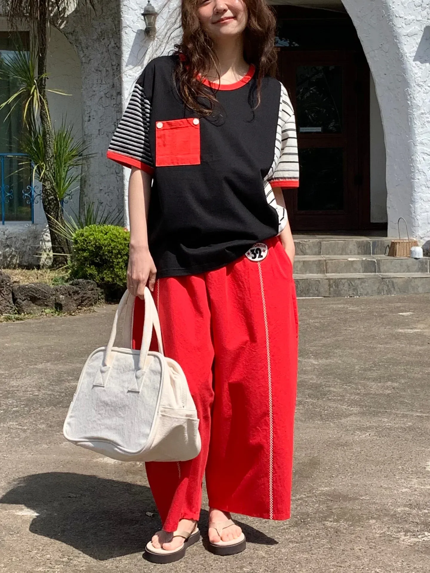 韓 斜拚色條文上衣 3色