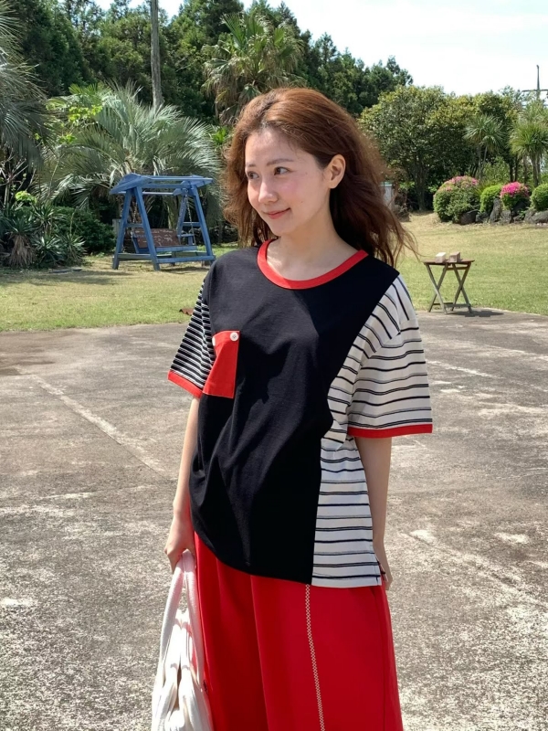 韓 斜拚色條文上衣 3色