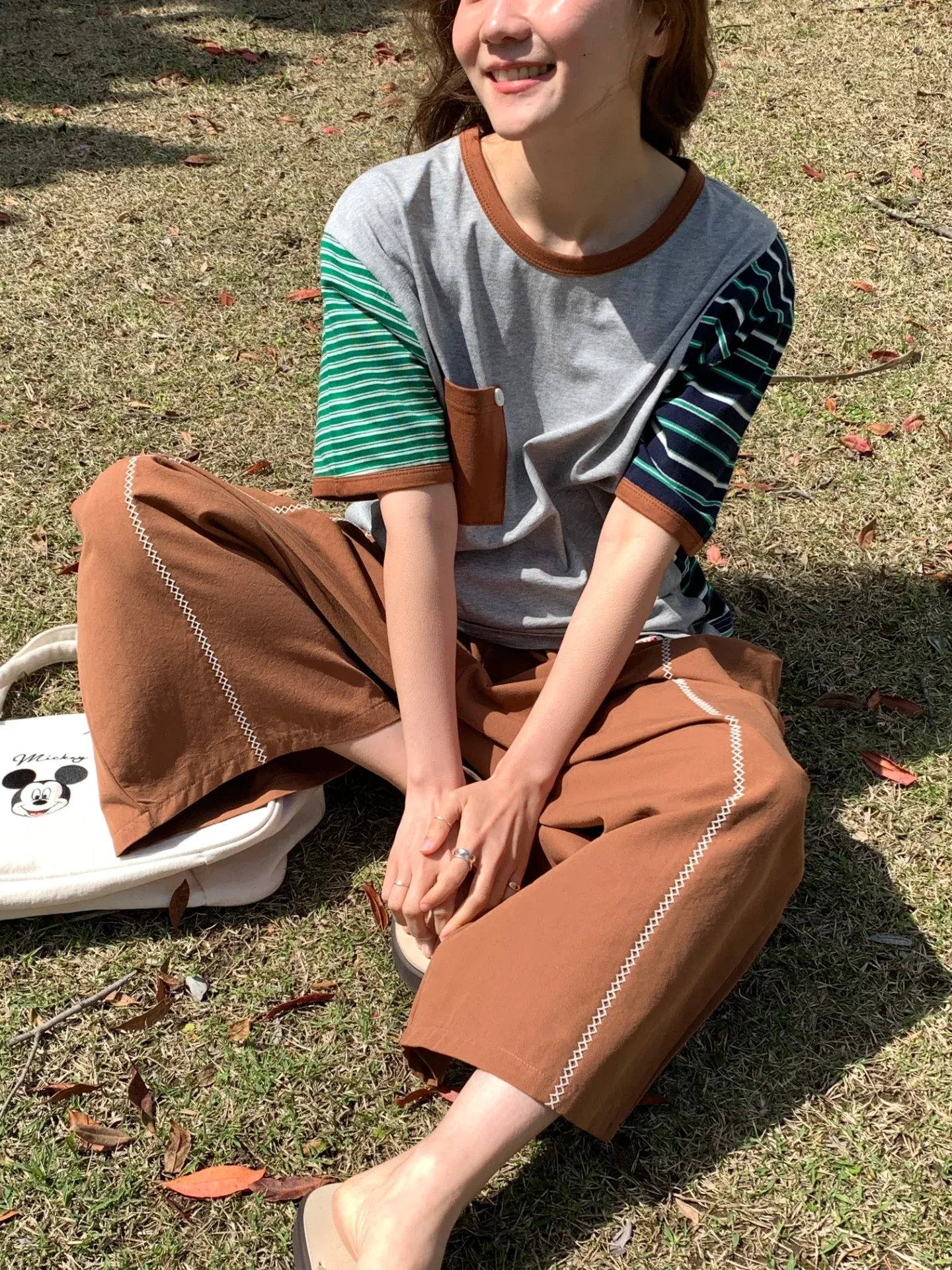 韓 斜拚色條文上衣 3色