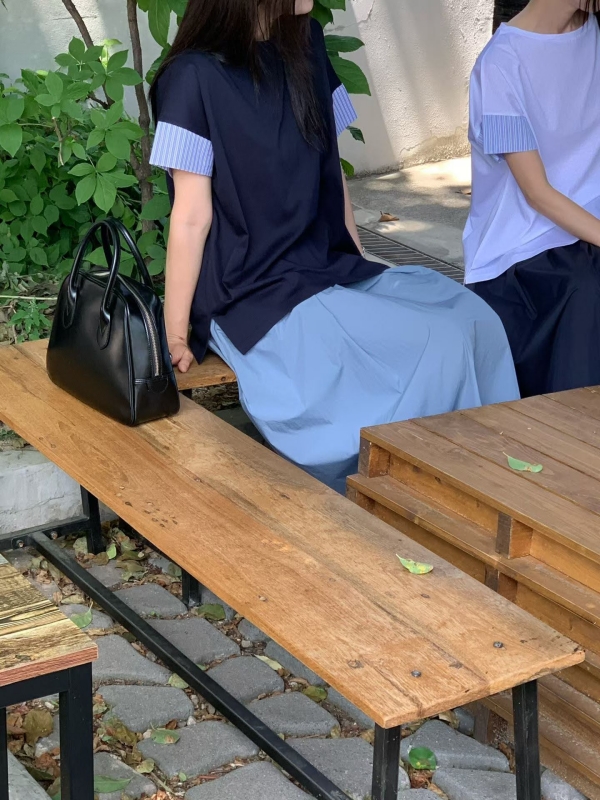 韓 袖接細條上衣 3色
