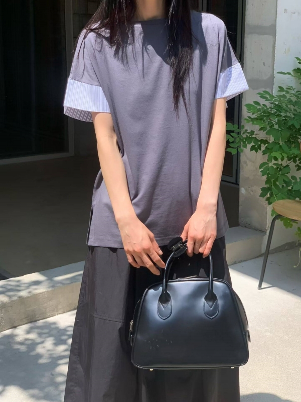 韓 袖接細條上衣 3色