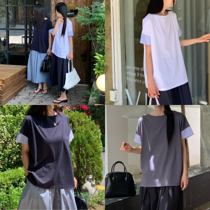 韓 袖接細條上衣 3色