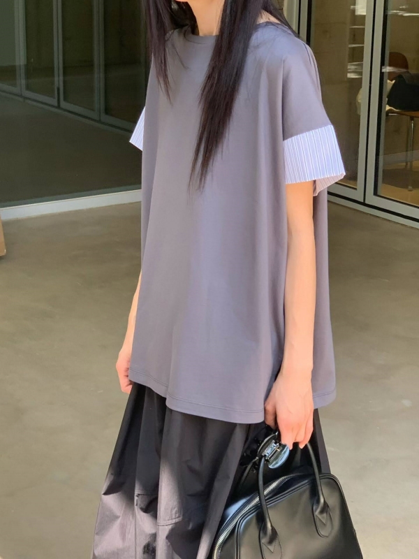 韓 袖接細條上衣 3色