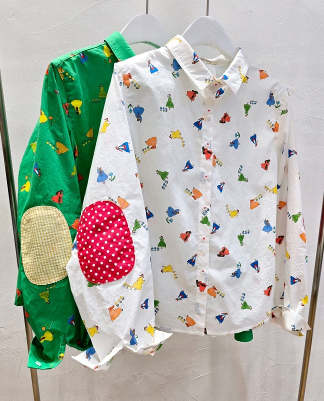 韓 肘拼布小小人襯衫 2色