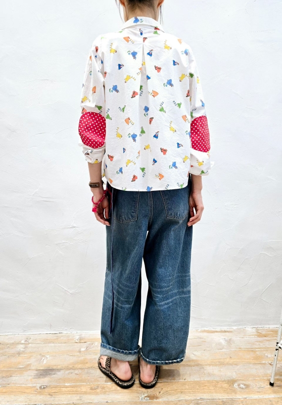 韓 肘拼布小小人襯衫 2色