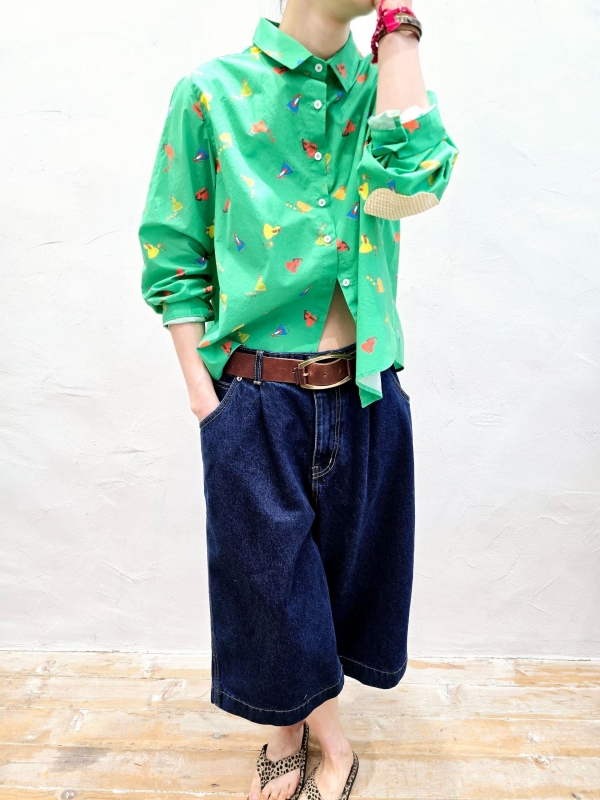 韓 肘拼布小小人襯衫 2色