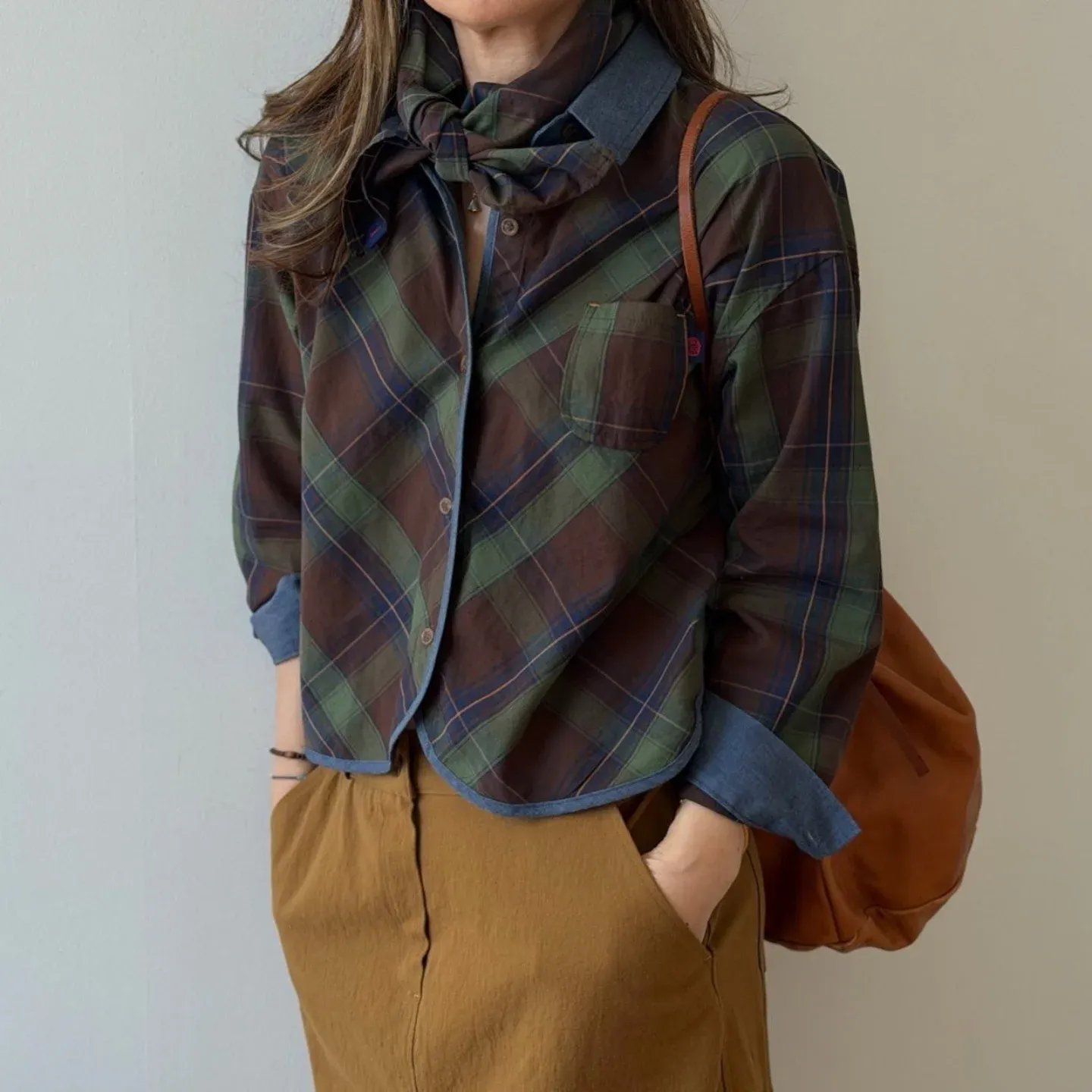 韓 滾邊配色格文襯衫 3色